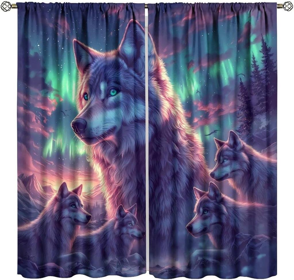 Blackout Wolf Curtains Retro Nature Wildlife Drapes Aurora Forest Wolves Animal Pattern Window Treatments Curtain Living Made Of Polyester Washable