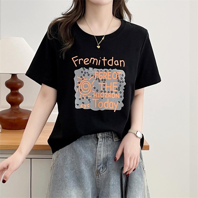 2026 Plus Size Women's Short Sleeve Letter Print Cotton T-shirt, Casual Round Neck Top