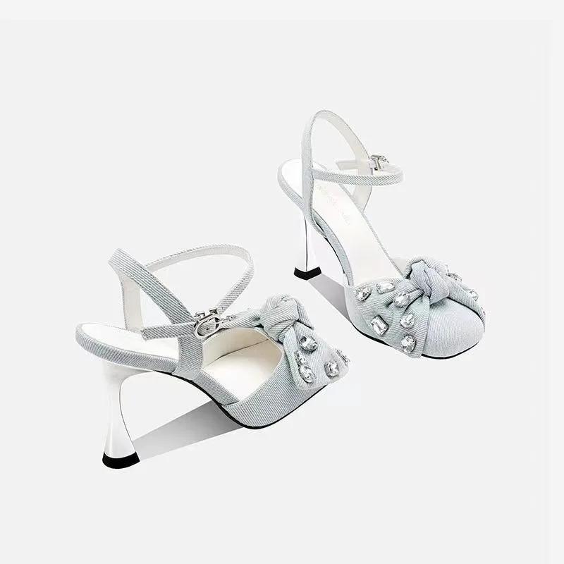 Women's Designer Sandals  New Blue Denim High Heels Summer Stylish Slingback Platform Sandals Elegant Bow Ladies Date Shoes