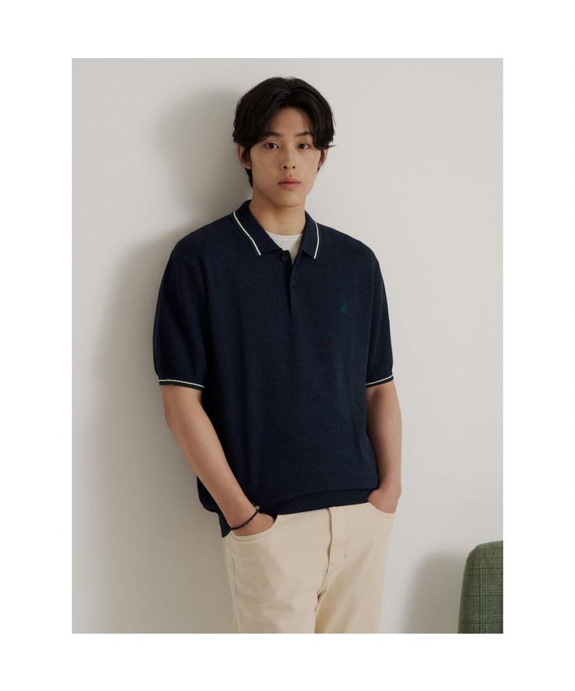 Binpolmen Crochet Tipping Collar Neck Knit Navy