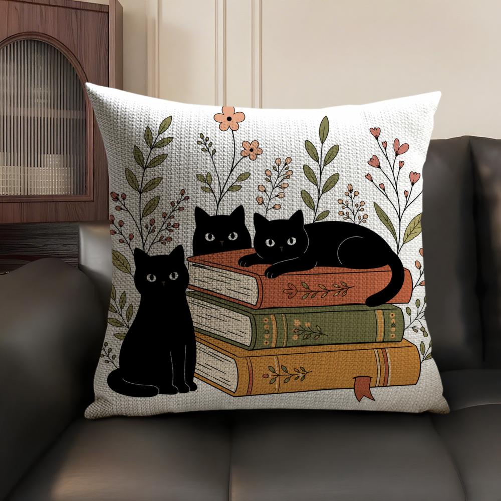 Black Cats With Books Cushion Cover Linen Organic Fabric DoubleSided Printing Sofa Breathable Home Decor Gift Pillow Case