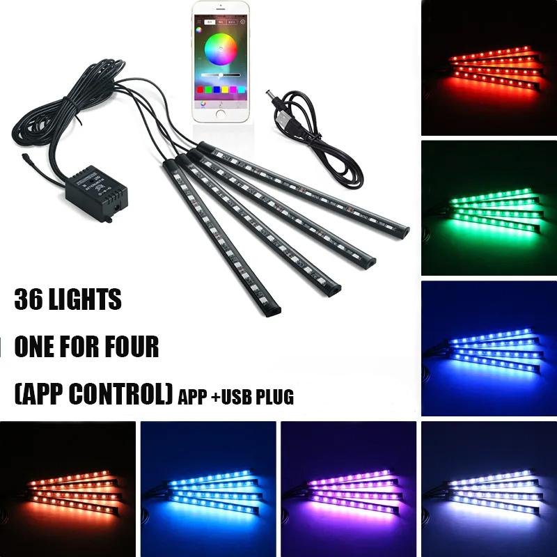 

LED Car Foot Light Ambient Lamp With USB Wireless Remote Music Control Multiple Modes Automotive Interior Decorative Lights 36LED APP USB