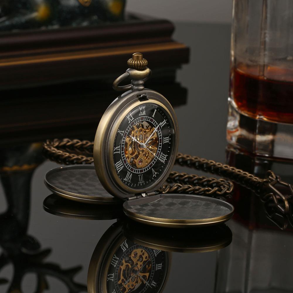 Vintage Men's Mechanical Pocket Watch Roman Numerals Dial, Double Cover Gold Pocket Watch with Chain for Daily Gifting