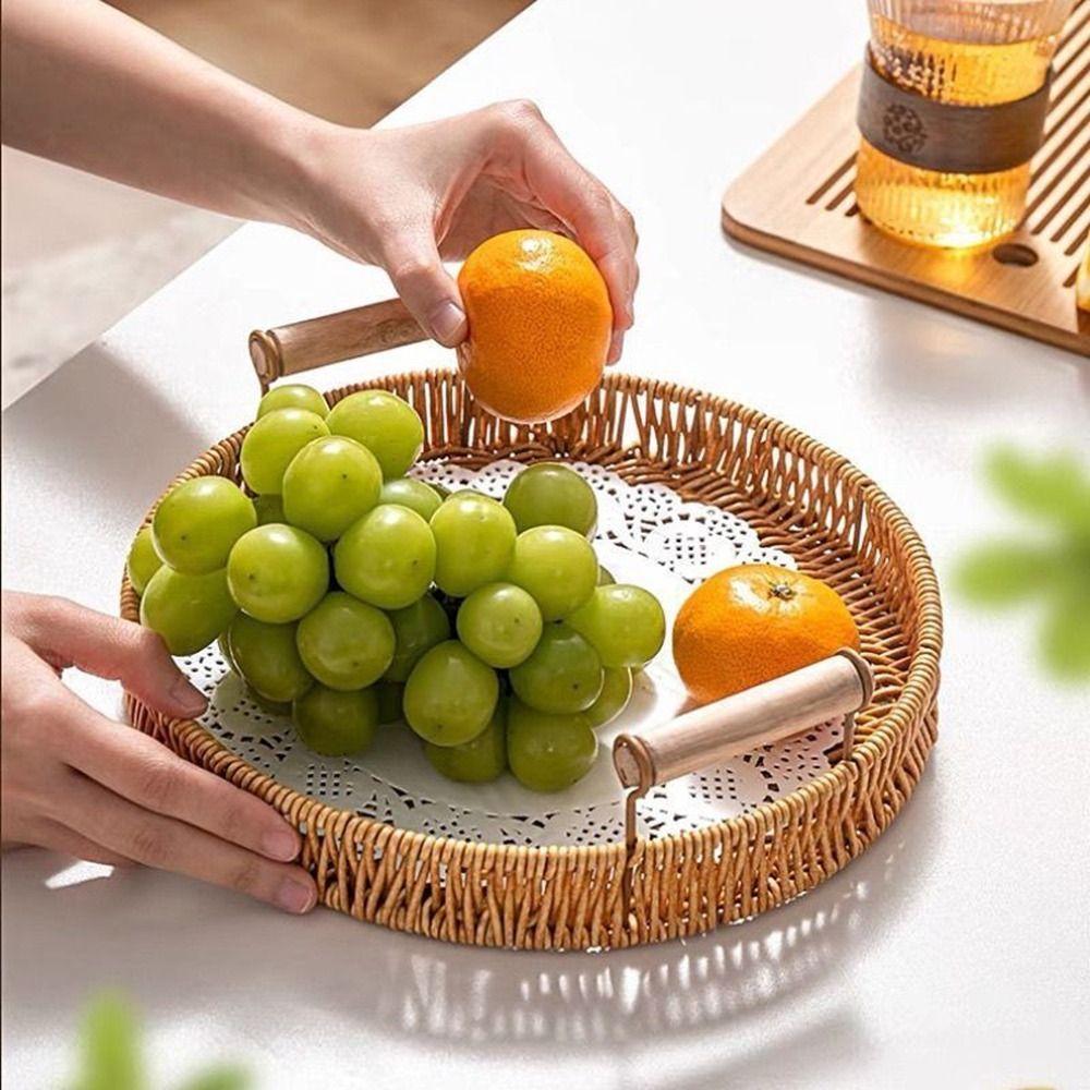 Handmade Round Rattan Storage Tray Plastic Bread Fruit Storage Tray Wicker Storage Baskets  Office