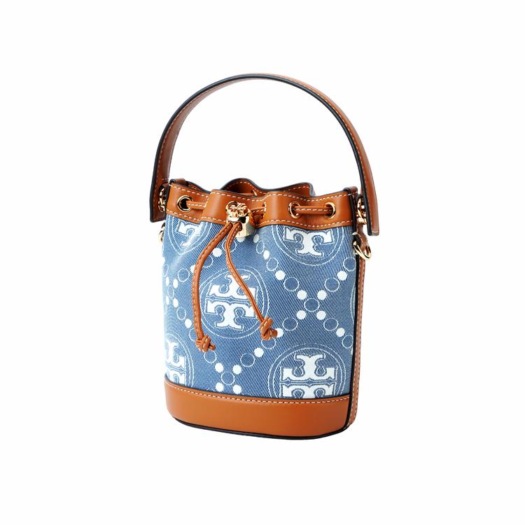 Tory Burch T Monogram Logo Drawstring Closure Washable Denim With Leather Trim Bucket Bag Mini Women Bags Multicolor 159638-960