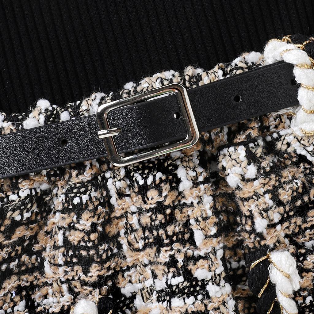 Children's Clothing Girls Autumn Winter Mid-Neck Long Sleeve Woven Tweed Short Skirt Belt Trendy Style Toddler Outfit