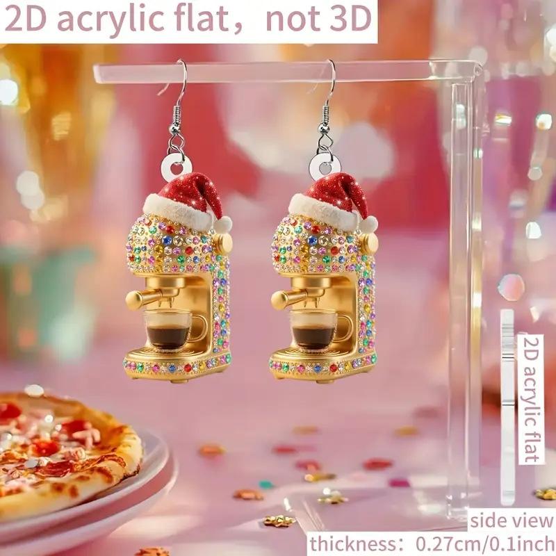 Cross-border new Christmas hat coffee machine earrings flat acrylic Christmas gift golden coffee machine earrings