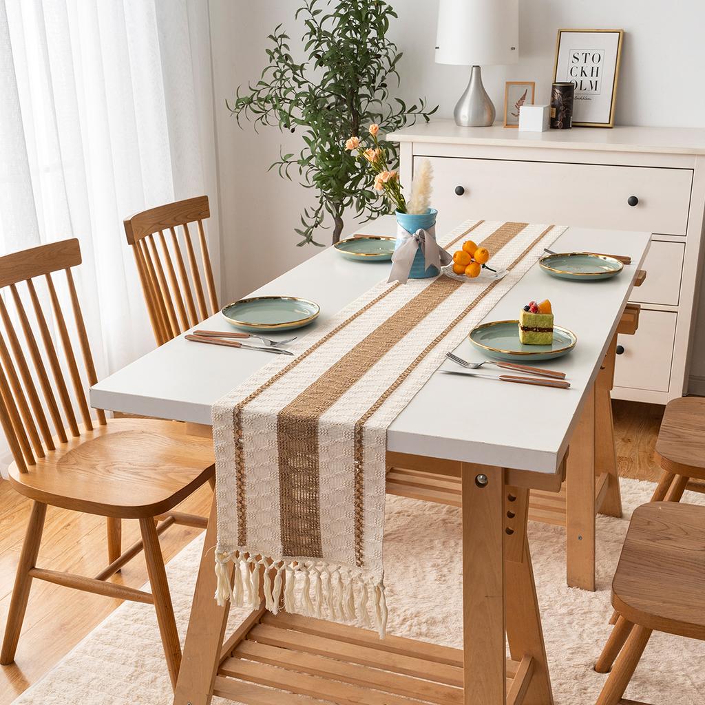 Bohemian Rustic Wedding Bridal Shower Dinner Cotton Linen Table Runner