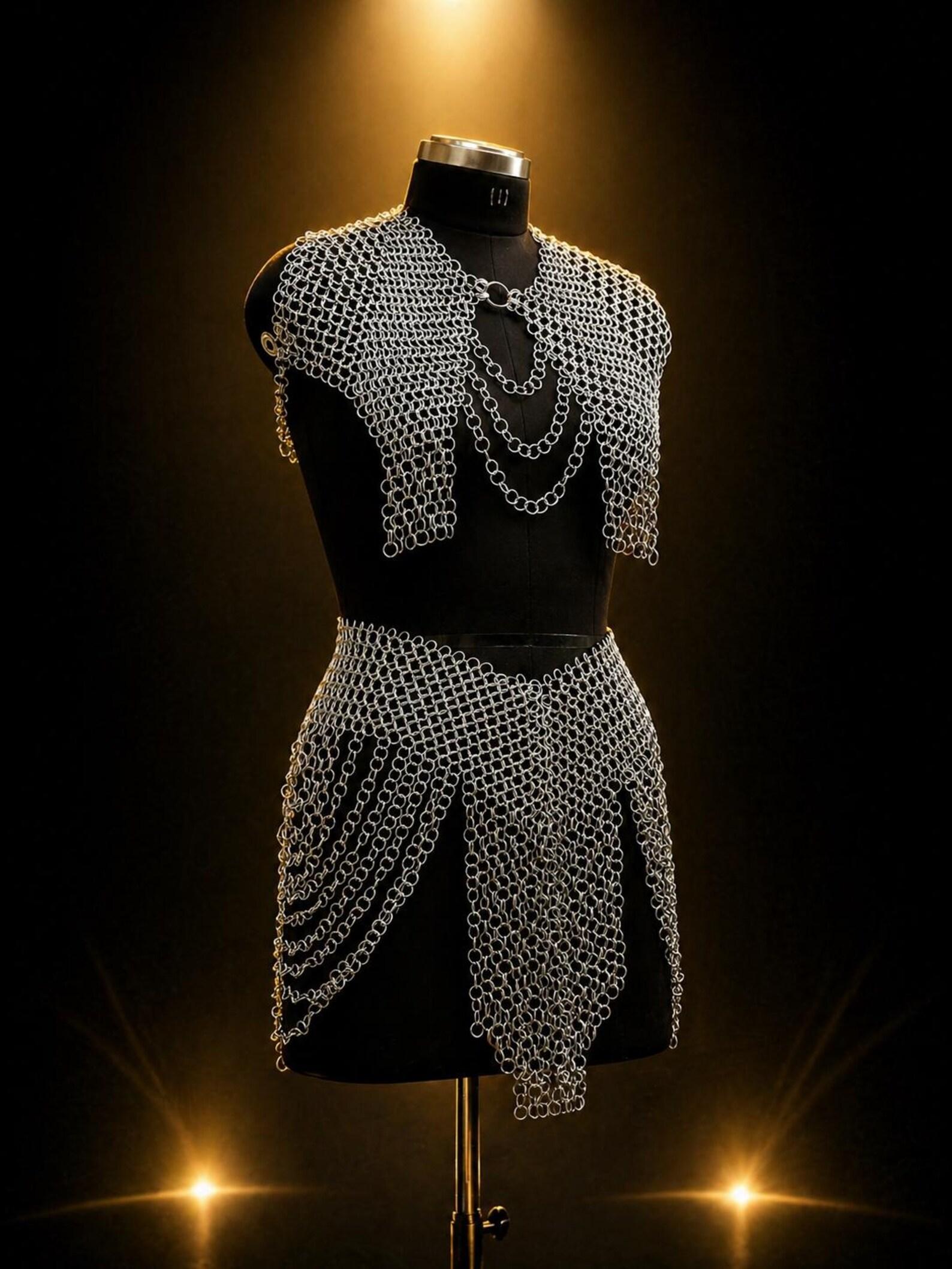 Handmade Medieval Chainmail Outfit Shoulder Armor & Waist Skirt Silver Ring Mail Costume
