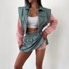 Damen Freizeit Set Mode Locker Colorblock Langarm Reißverschluss Strickjacke Kontrastfarbe Oberteil Rock Sportanzug