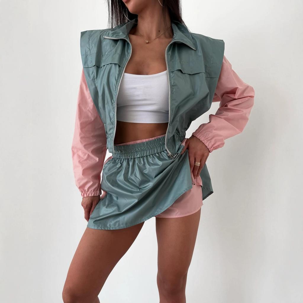 Damen Freizeit Set Mode Locker Colorblock Langarm Reißverschluss Strickjacke Kontrastfarbe Oberteil Rock Sportanzug