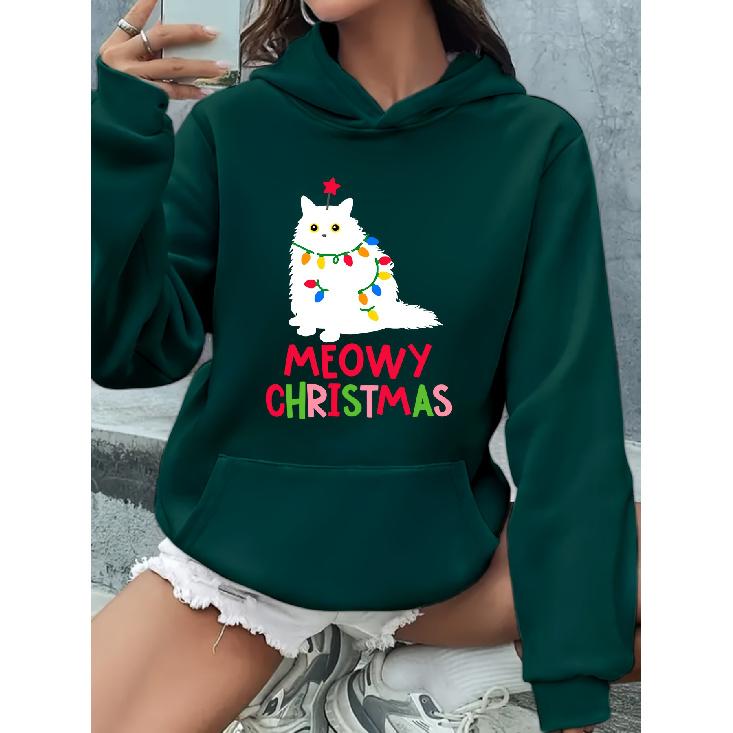 Soft & Cozy Christmas Cartoon Cat Hoodie, Casual Pullover Sweatshirt with Kangaroo Pocket & Stretchy Knit Fabric - Festive Holiday Top for Adults