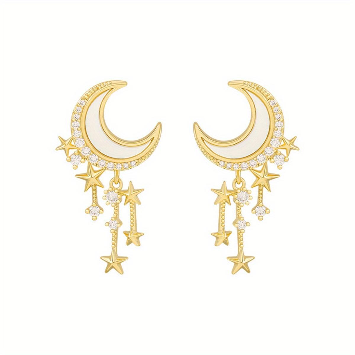 Ramadan Moon & Star Rhinestone Drop Earrings, 18K Gold Plated Fashion Jewelry