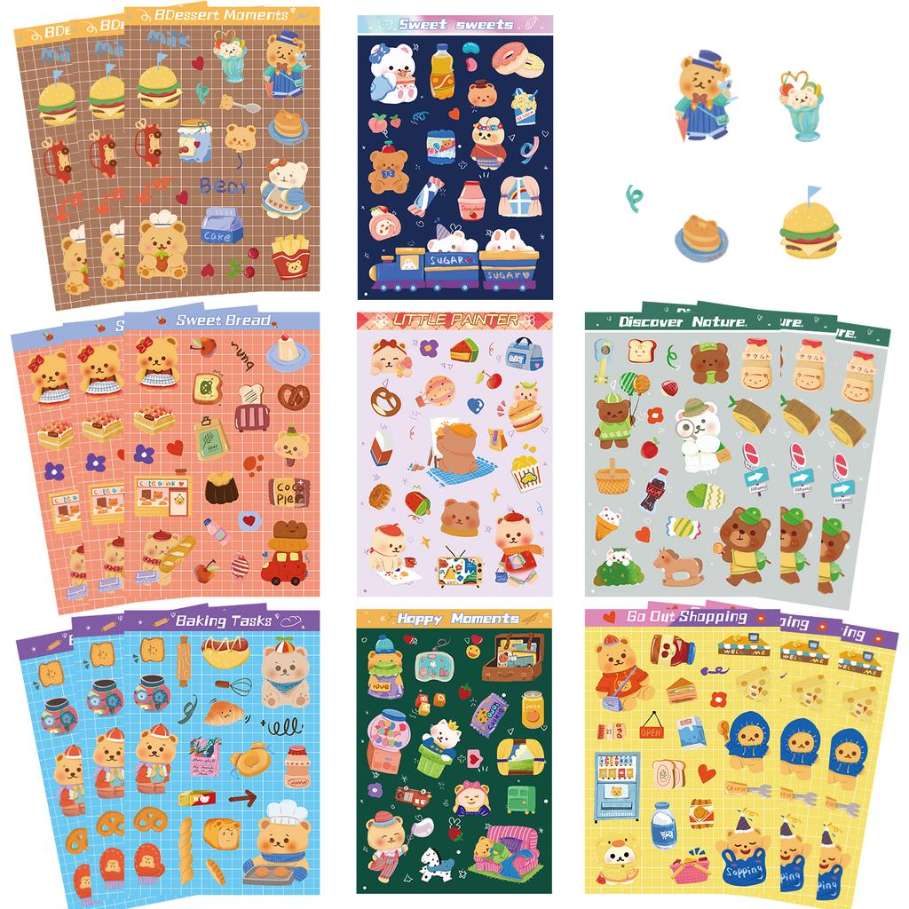 8PCS Cartoon Object Stickers Cute Cartoon Bear Baking Doodle Collage Computer Cell Phone Laptop Decoration Waterproof Stickers