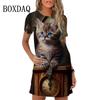 2025 New Women Spring Summer Dress Hip Hop Abstract 3D Cat Pattern Short Sleeve Mini Dress Casual O-Neck Loose Female Girl Dress