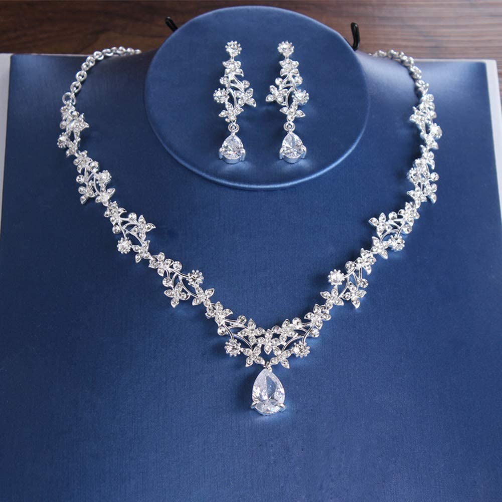 Wedding Necklace and Earrings Set Flower Bridal Accessories Bride Necklace Sparkling Zirconia Crystal Birthday Christmas Gift [misakinoya] (Earrings +