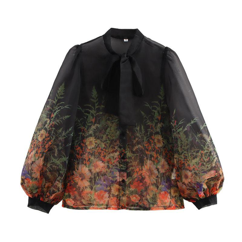 

Jnleaog Autumn New Women s Clothing Fashion Style French Fashion Stylish Organza Print Shoelace Shirt Black XS