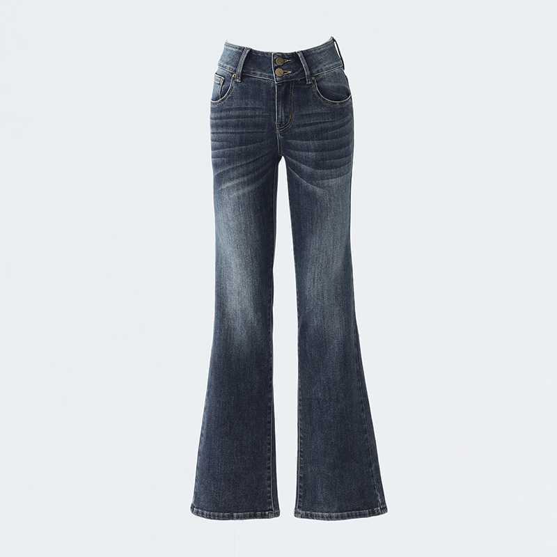 American Retro Low-Waist Double-Button Bell Bottom Jeans - Slimming Elastic Denim Pants for Women