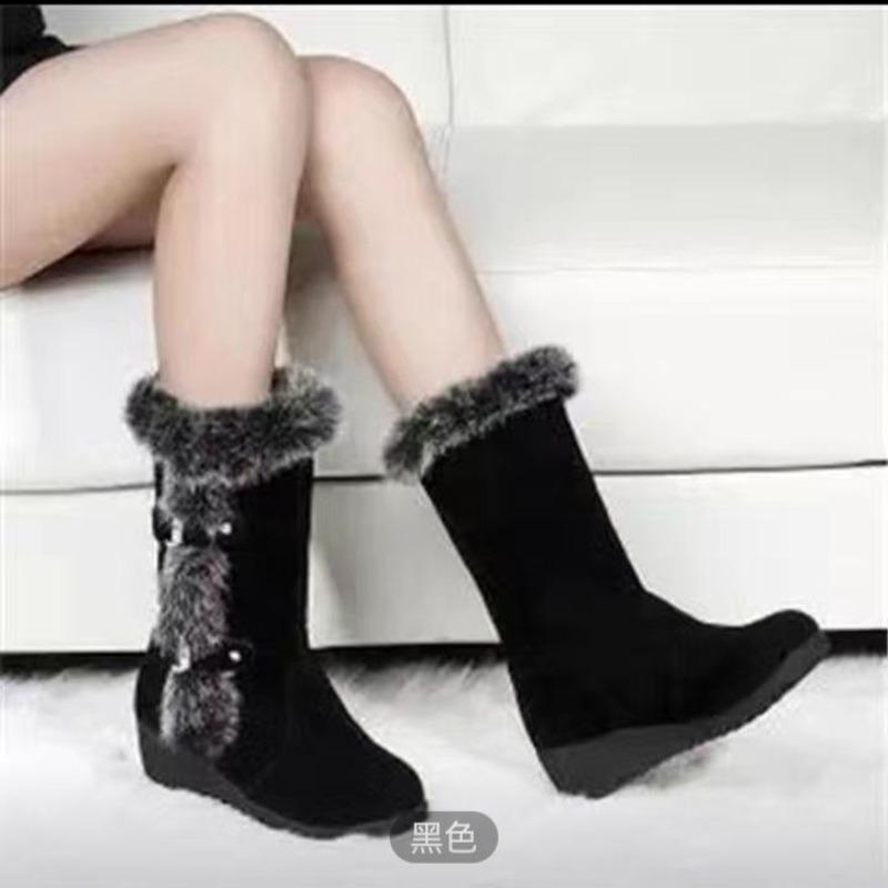 Shoes for Women   Slip-on Mid-Calf Women's Boots Fashion Belt Buckle Plus Velvet Winter Plus Size Snow Boots
