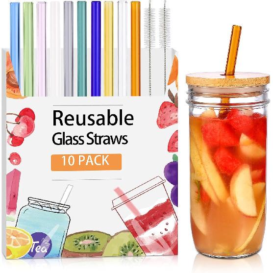 [10 Pcs] Reble Glass Straws Shatter Resistant - 9" x 10 mm Bent Multicolor Drinking Reble Straws With 2 Cleaning Brushes for Coffee,Milkshakes,Juice