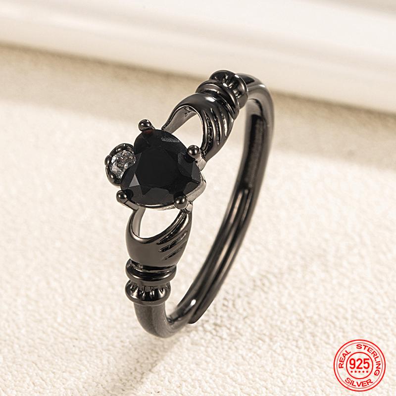 

925 Sterling Silver Black Heart Crystal Adjustable Rings for Women Fashion Wedding Jewelry Resizable чёрный