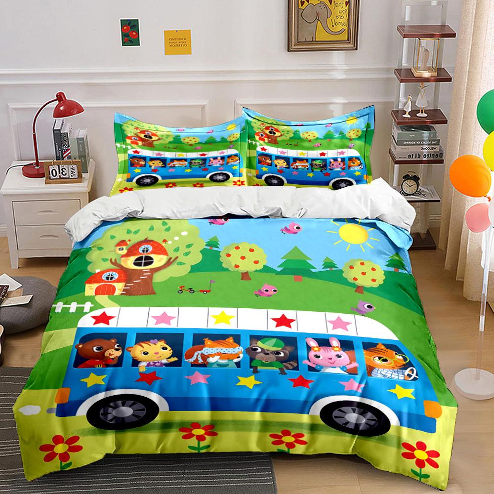 Cute Animal Bus Ride Pattern Bedding Duvet Cover Set (1*Duvet Cover 2*Pillowcases, Without Duvet Insert)