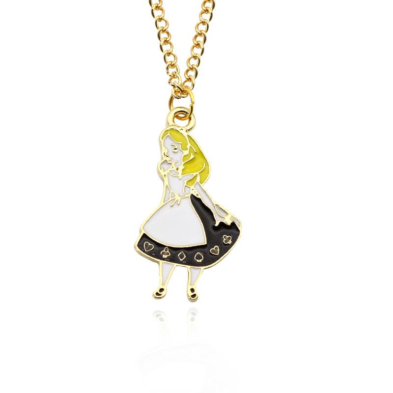 Cute Alloy Cartoon Alice Necklace Creative Colorful Clock Pendant Gifts for Female