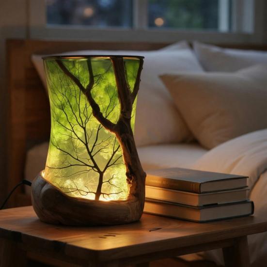Forest Theme Night Light Handmade Resin Warm Light Rustic Nature-Inspired Ambient Bedside Lamp for Bedroom Living Room Decor