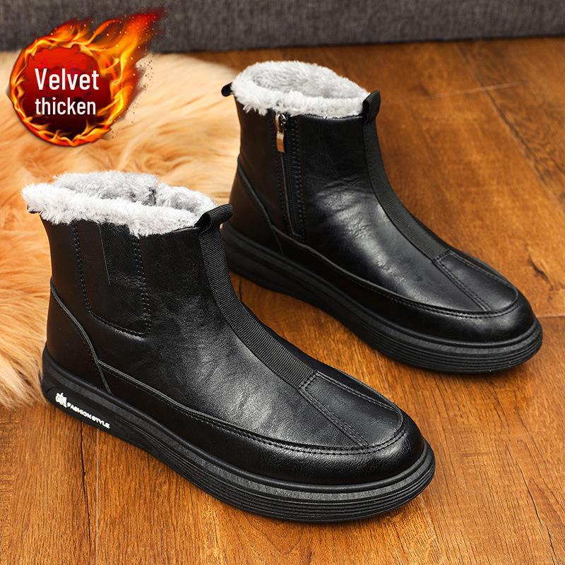 

Зимние мужские водонепроницаемые кожаные ботинки для снега 2024 года с бархатной подкладкой, теплый толстый хлопок, модный корейский дизайн на молнии Size 44