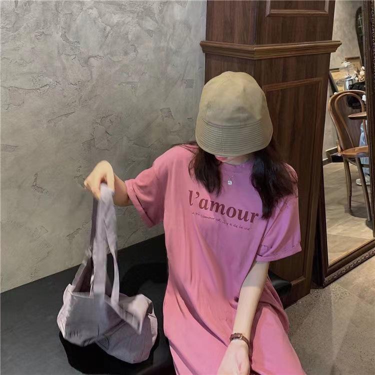 Plus Size Korean Summer Over-Knee Dress – Loose Fit, Belly-Covering, Short Sleeve, Long Length T-Shirt Dress for Women