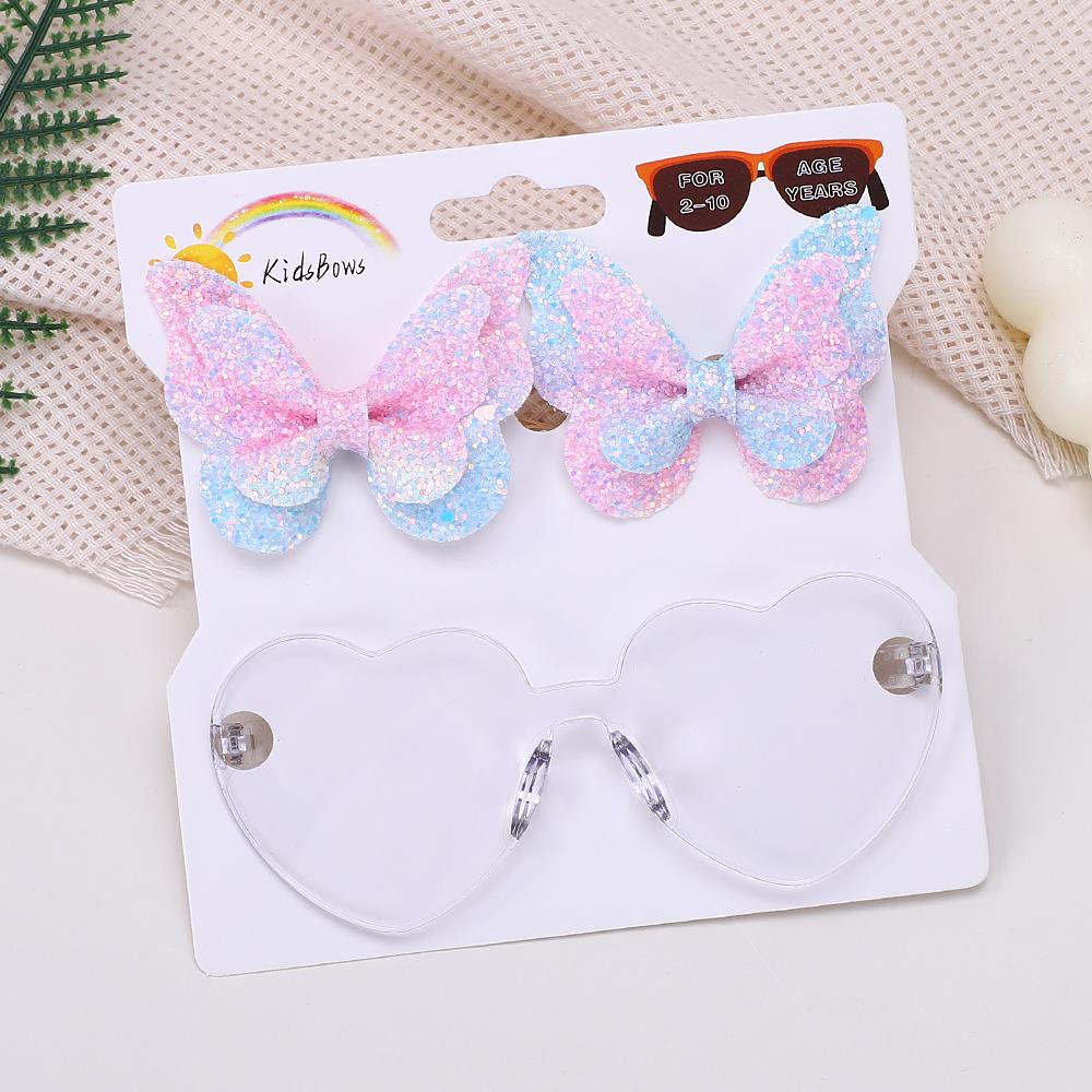 3Pcs/Card Glitter Butterfly Hair Clips Sunglasses for Girls Sparkling Kids Bows Hairpins Sun Glasses Cute Hair Accessories Set