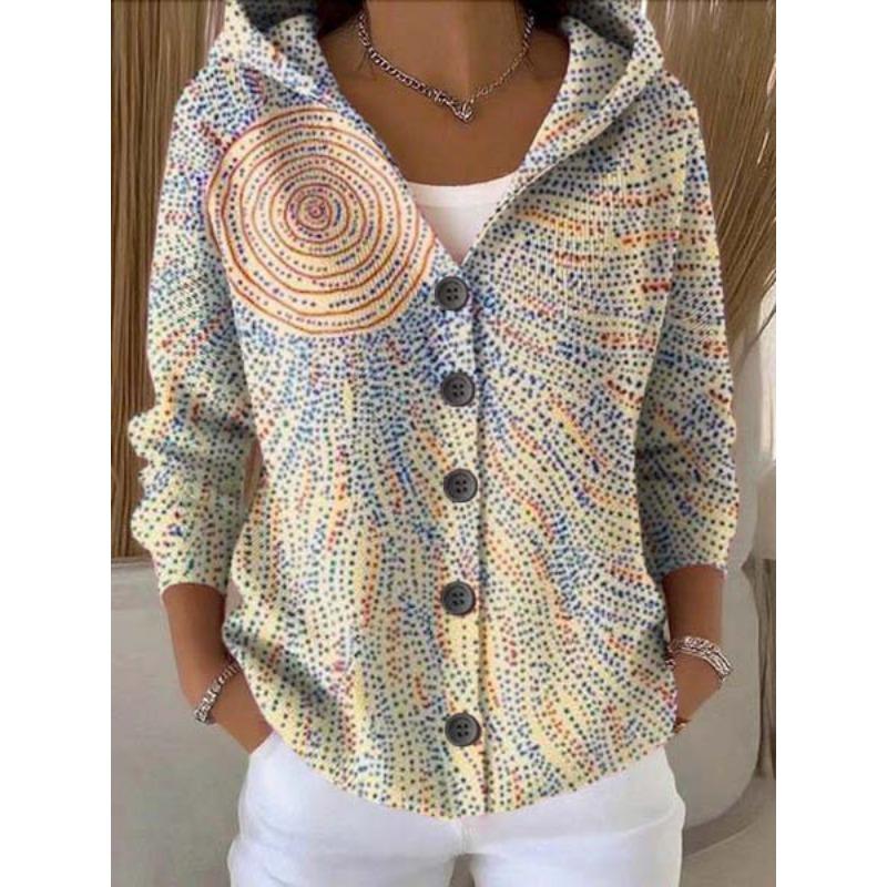 Women S Printed Button Knit Hooded Cardigan Sweatshirt Casual Loose Outerwear