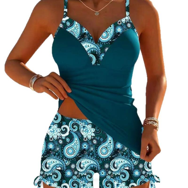 European and American Split Swimsuit Women's New Printed Suspender Conservative Swimsuit Thin and Meat-covered Quick-drying Swimsuit