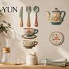 Non Residue Wall Stickers 7Pcs 2D Flat Kitchen Wooden Decor, Retro Teapot Tableware Themed Self Adhesive Decor Art, Self?Adhesive Plaques for Dining