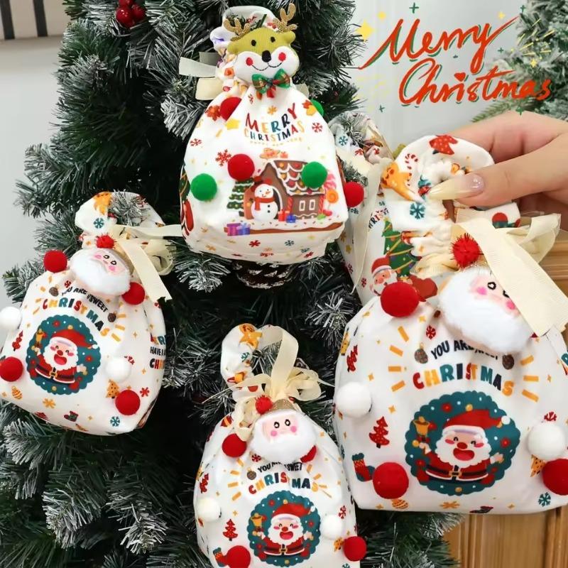 Christmas Cute Character Gift Bag - Drawstring Fabric Storage Bag for Children's Candy, Apple & Portable Party Favors