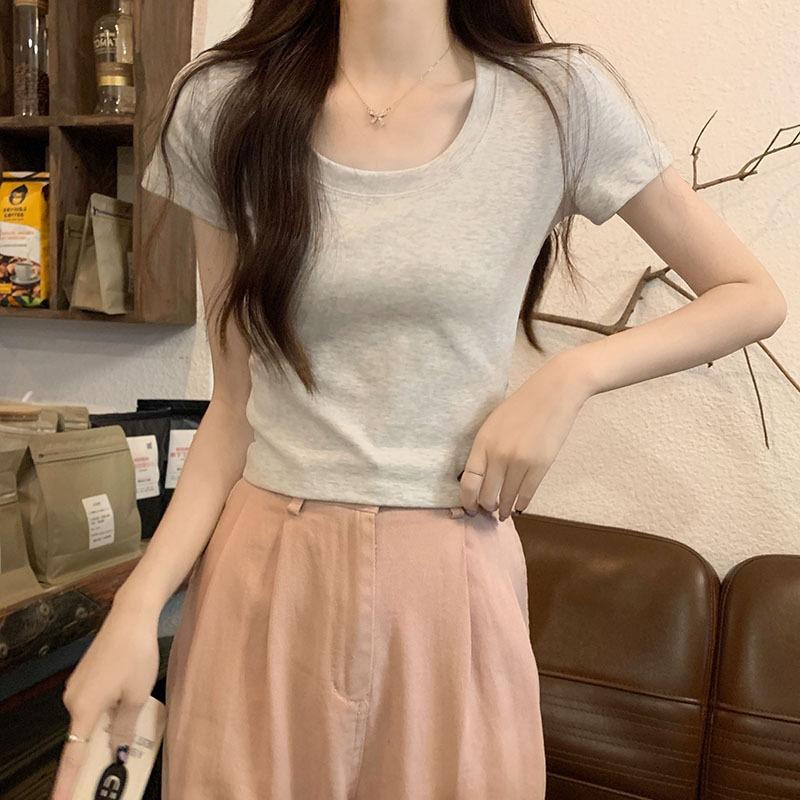 White Crew Neck Tights Women's Summer Popular Super Versatile Front Shoulder Short Skinny Elastic Short Sleeve T-Shirt ins