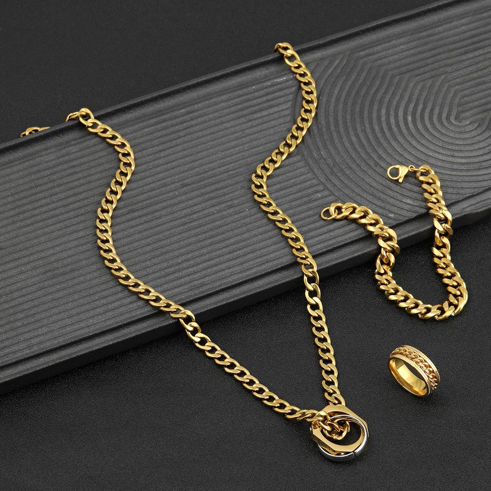 Stainless Steel Jewelry Set, Hip Hop Street Cuban Necklace Bracelet, 18k Gold Plated Chain Ring