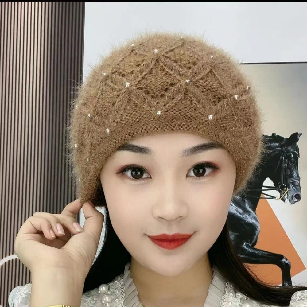 Herbst und Winter Neue Verdickte Mütze Handgewebte Perle Doppellagige Warme Strickmütze Kältefest Frostsicher und Warm Damen Baotou Mütze
