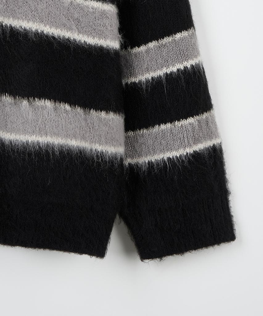 NODU Open Collar Striped Brush Knit [Black]