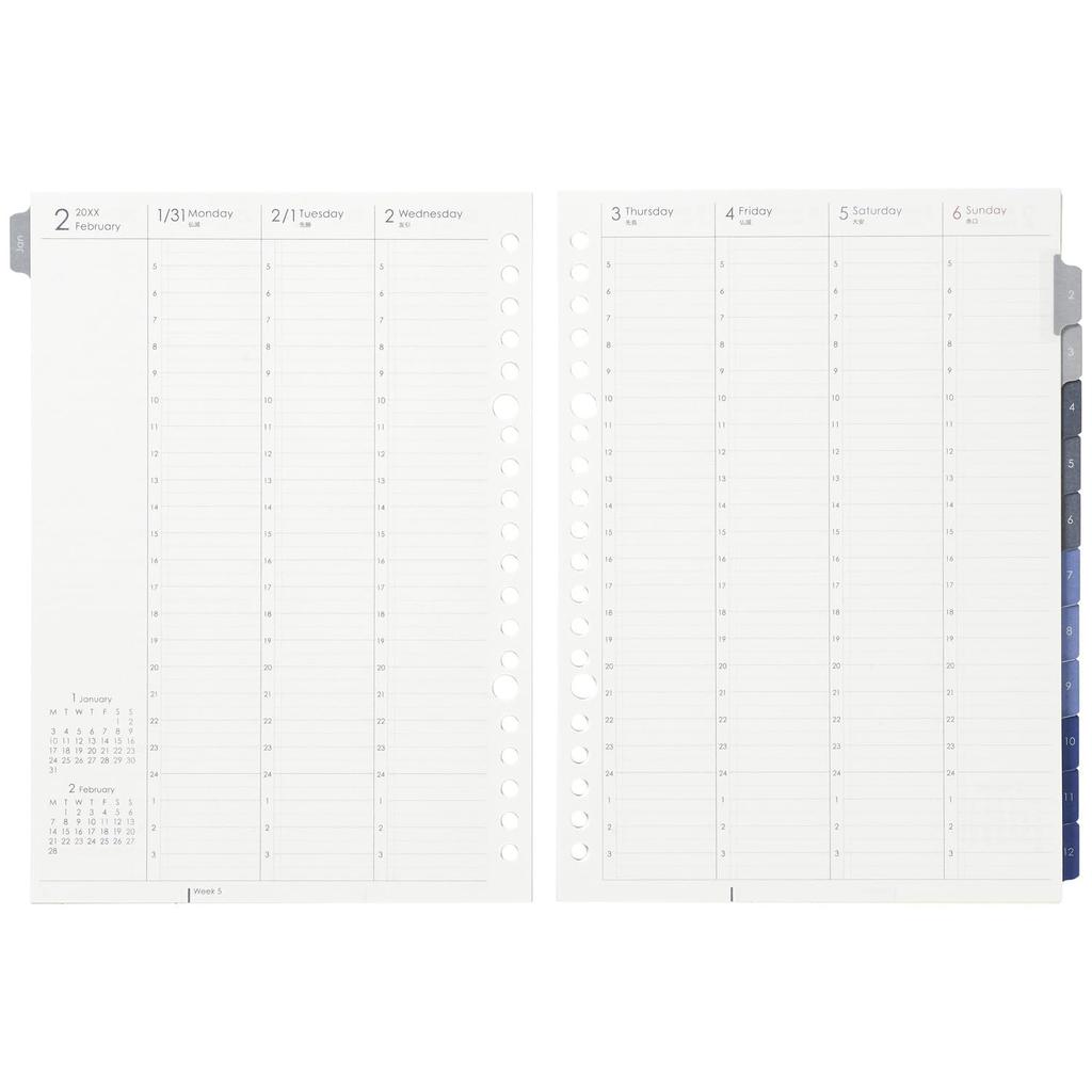 Maruman 2026 A5 Diary Refills for System Monthly and Starting In January 2026 Loose-Leaf Planners, Weekly, Vertical, 20-Hole, LD278-26,