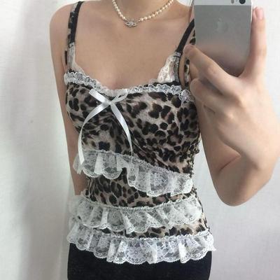 Y2K Harajuku Leopard Print Lace Bow Tank Top for Women