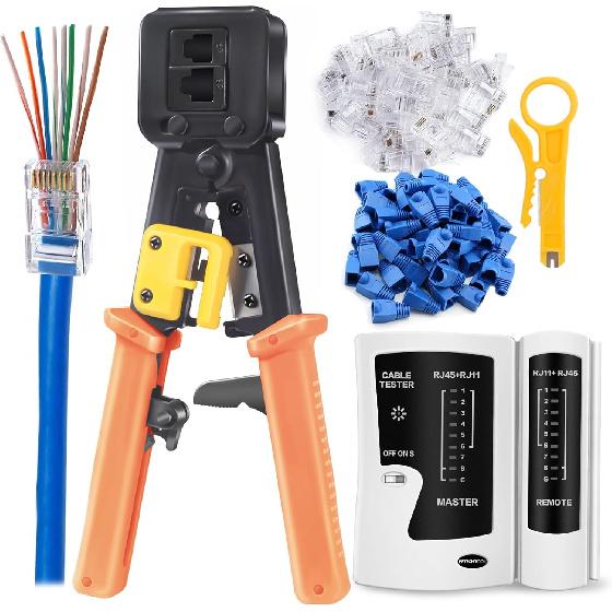 RJ45 Crimp Tool Ethernet Crimper for RJ45 Cat6 Cat5 Cat5e Pass Through Connectors and RJ12 Plug Ends with 50PCS RJ45 Cat6 Connectors, RJ45 Cable