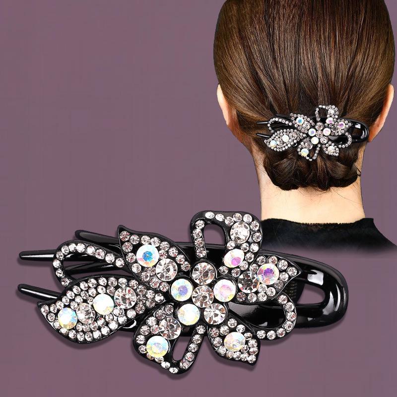 Pince à cheveux coréenne rétro à strass - Grand style bec de canard pour chignon