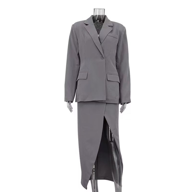 

Новая мода в западном стиле Блейзеры с лацканами Юбка с разрезом Костюм-двойка и комплект с юбкой Gray L