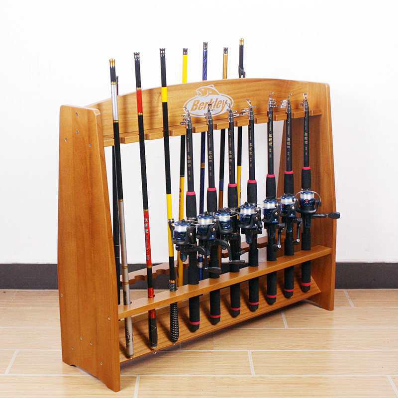 16-Position Solid Wood Fishing and Billiard Cue Rack for Rods and Cues - Tackle Display Stand