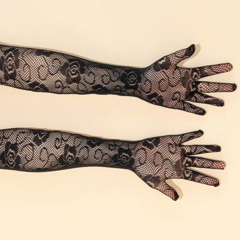 

Женские аксессуары для платьев, черные ажурные перчатки с полным пальцем, кружевные перчатки, сетчатые варежки в стиле панк