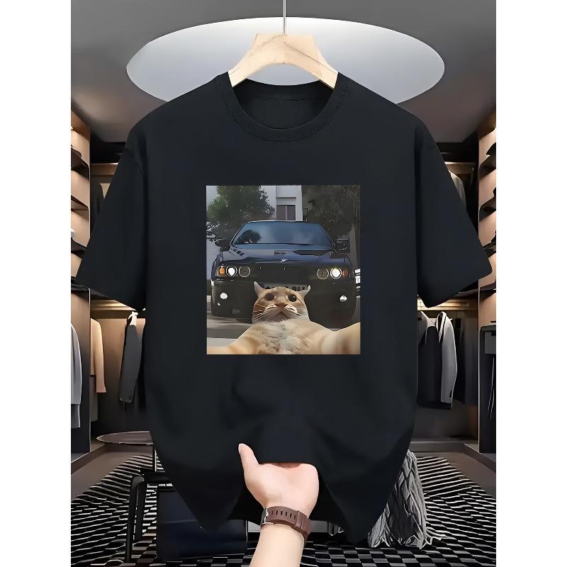 

European sizes Funny Tabby Cat & Torii Gates Print T-Shirt - Soft Breathable Summer Casual Round Neck Tee, Short Sleeve Shirt 4XL чорний