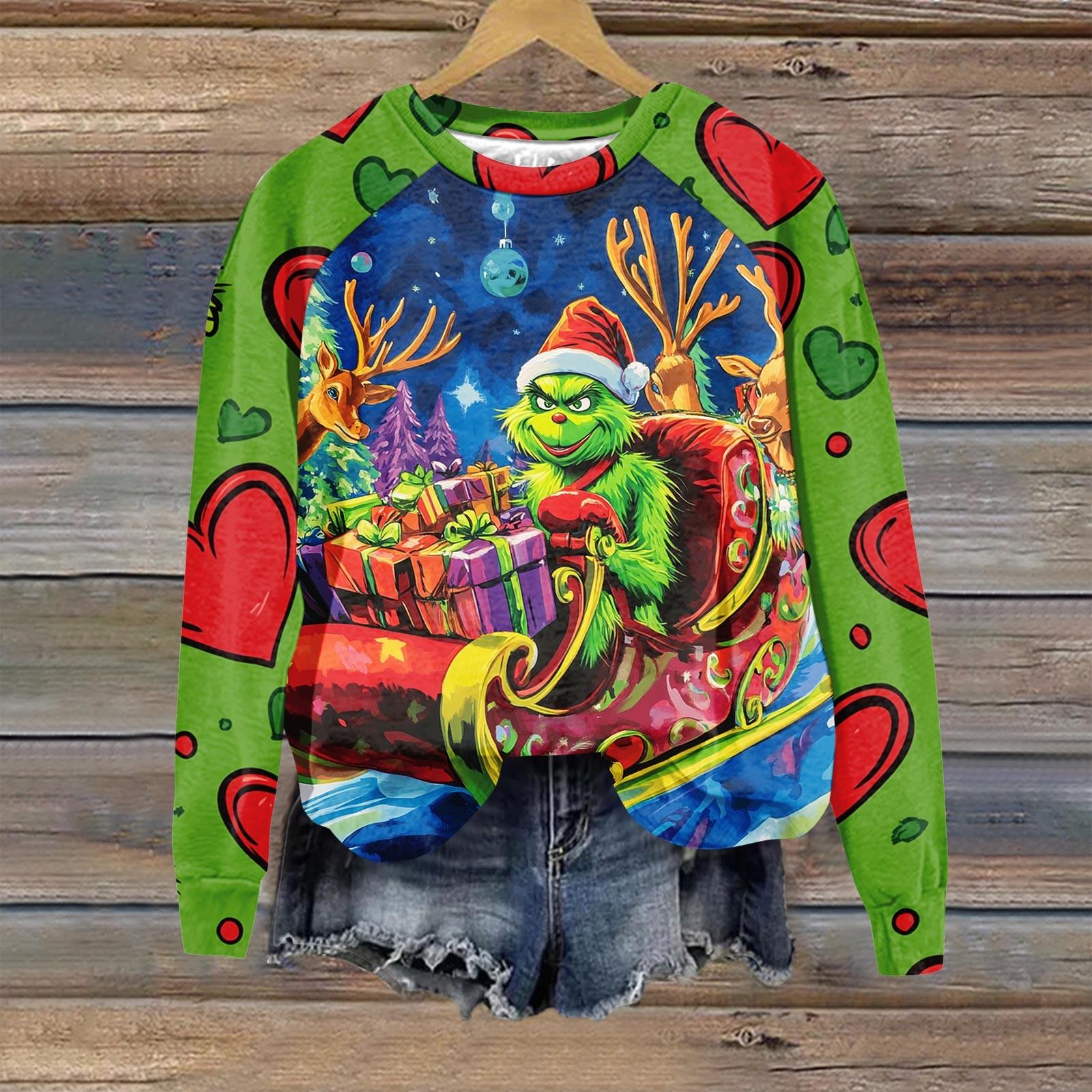 

Женская мода повседневная толстовка с длинным рукавом и принтом рождественского Гринчмаса с круглым вырезом и реглан XXL синий