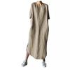 2024 Solid Color Crew Neck Side Slit Mid-Calf Dress with Short Sleeves