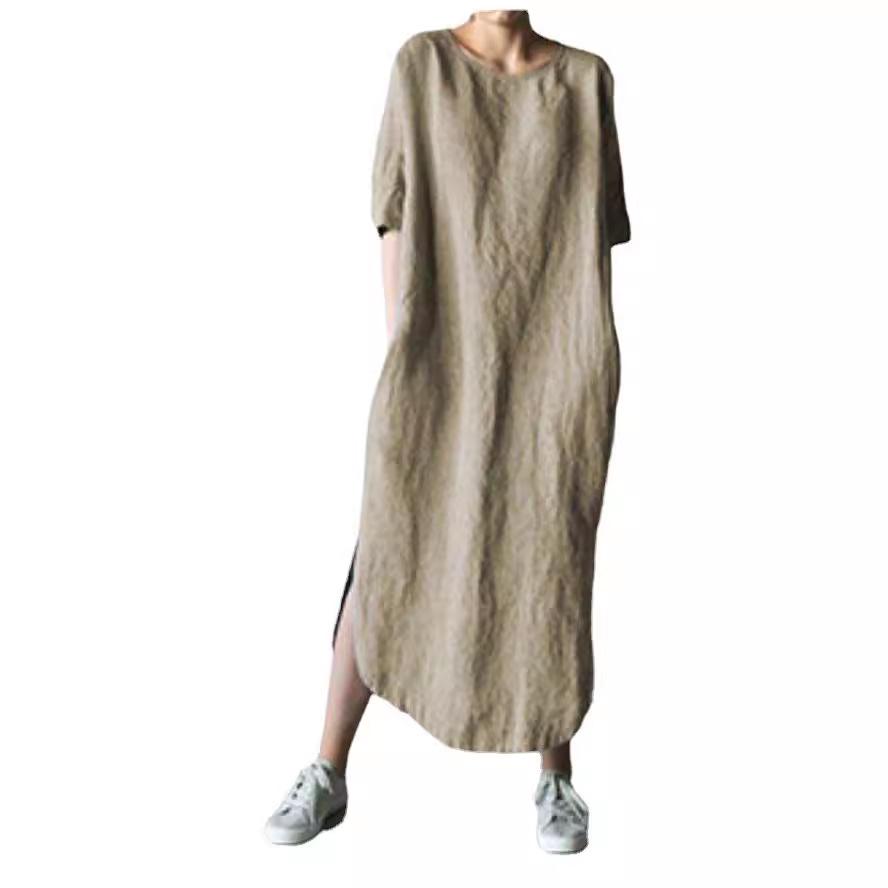2024 Solid Color Crew Neck Side Slit Mid-Calf Dress with Short Sleeves